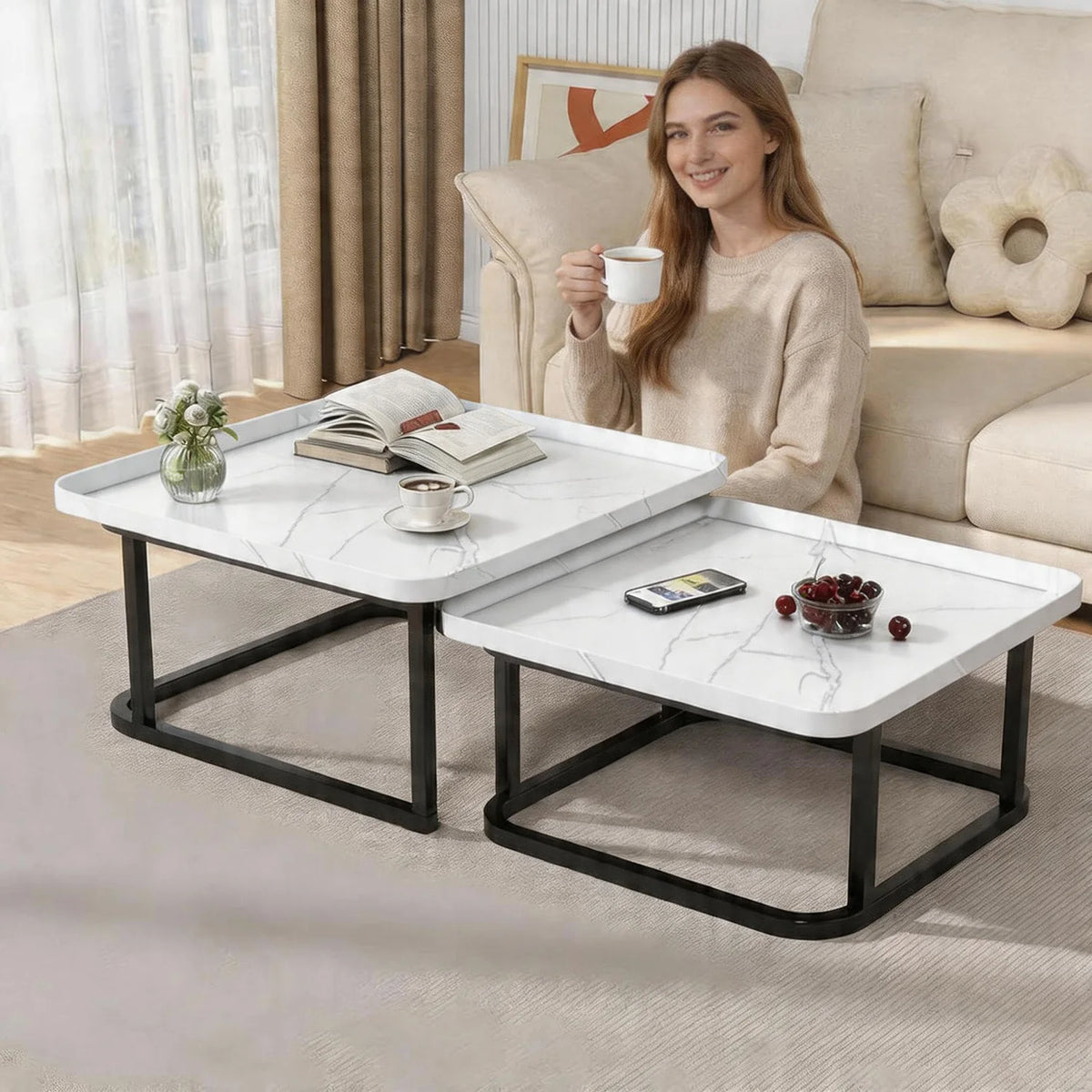 Square Nesting Coffee Tables Set of 2 Space Saving Fluted Side Tables
