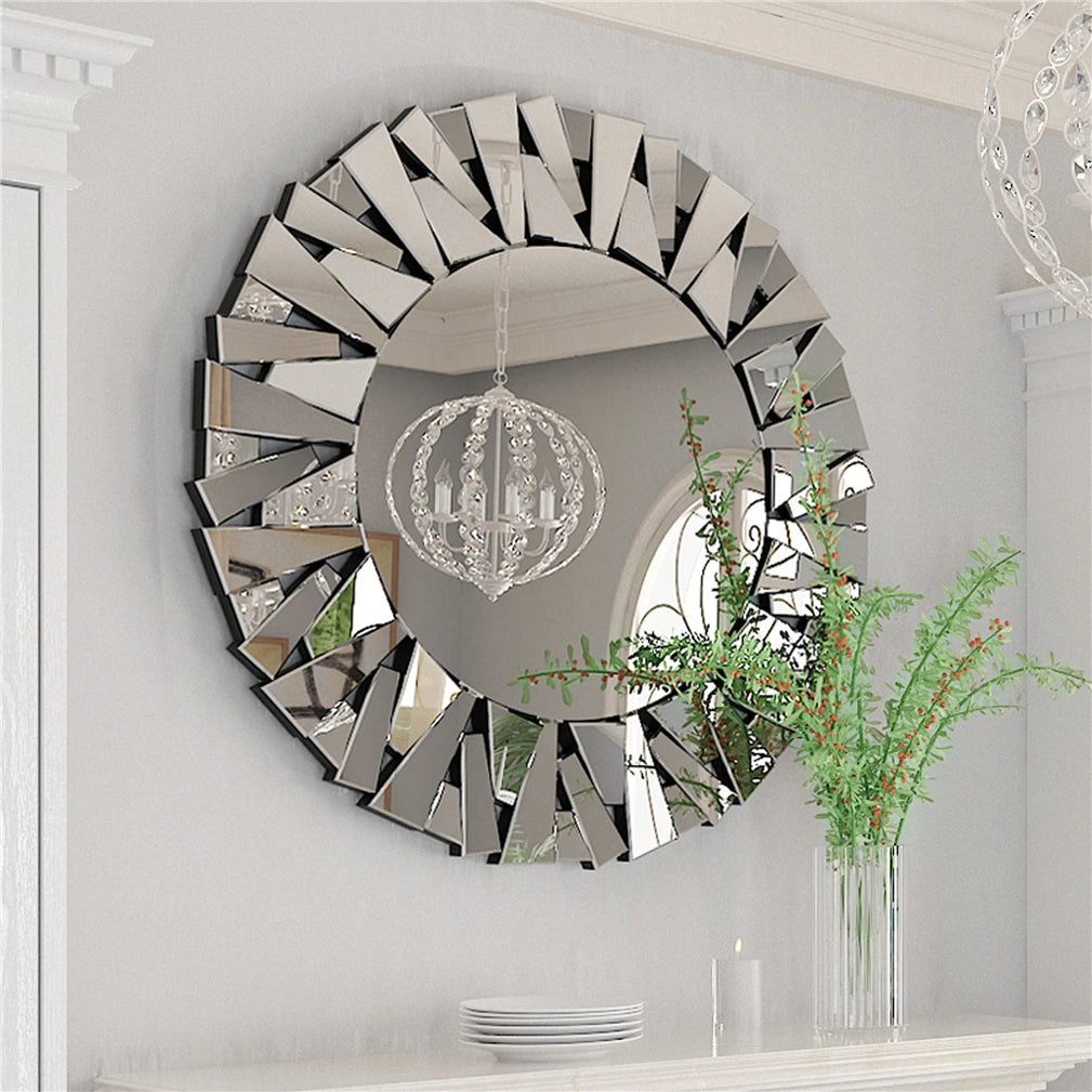 Silver Sunburst Round Wall Mirror 800mm Beveled Glass Decorative Accent Mirror