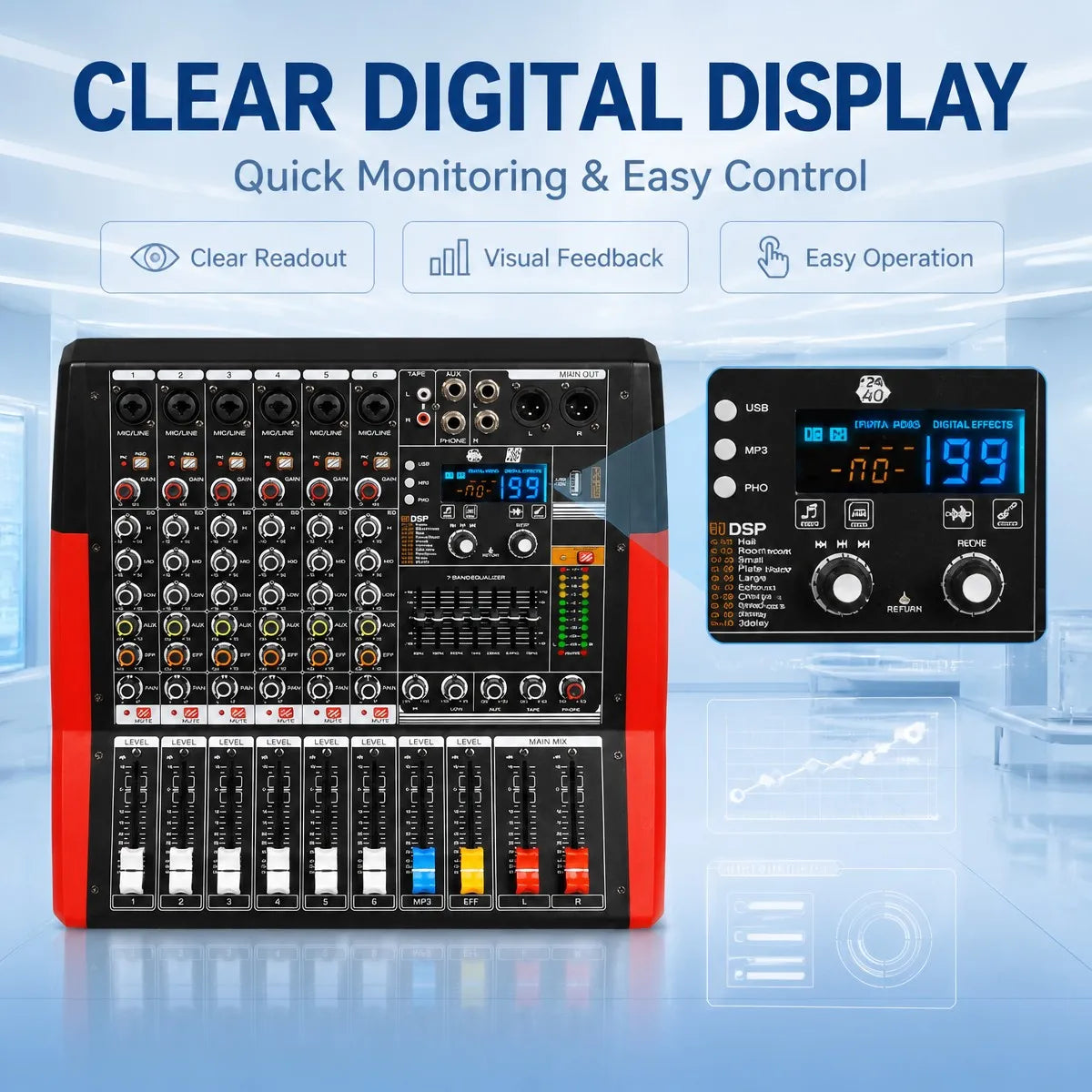 Yamnweo CV 600 6 Channel Audio Mixer 450W X2 DSP USB MP3 7 Band EQ