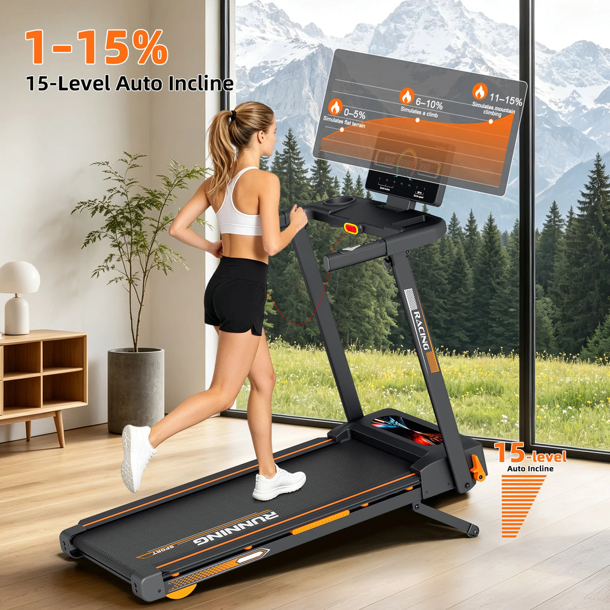 Folding Treadmill with 15 Level Auto Incline and Quiet Motor