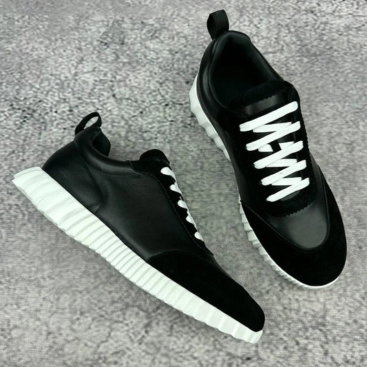 Unisex Black White Leather Suede Sneakers With Thick Ridged Sole