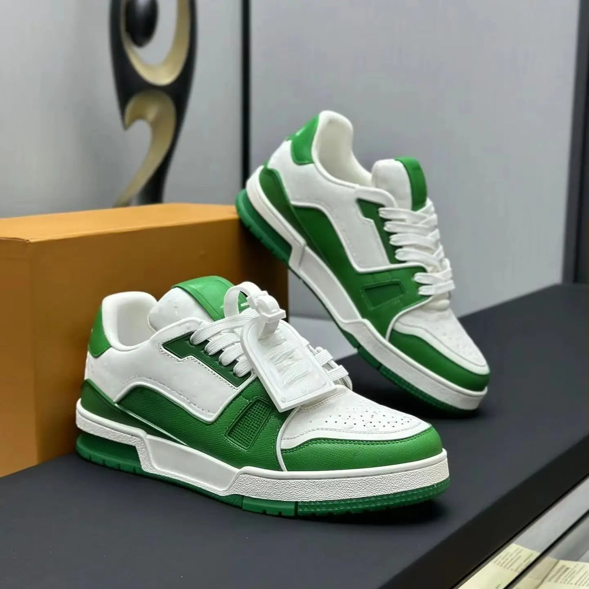 White Green Leather Patchwork Sneakers Thick Sole Lace Up Casual Shoes