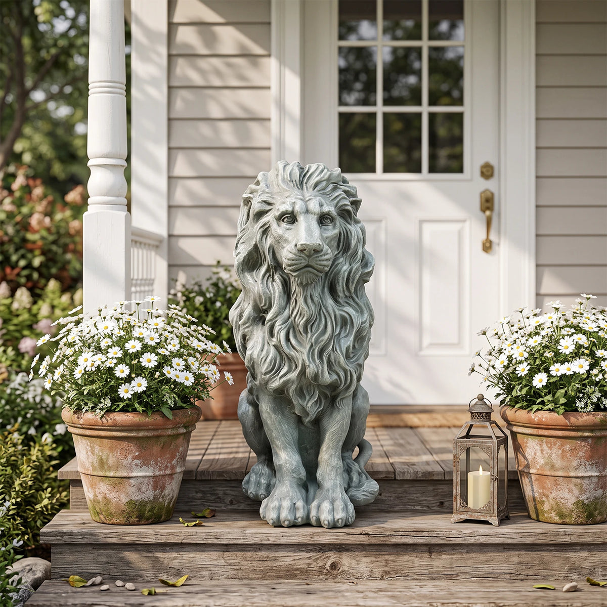 Sitting Lion Statue Outdoor Garden Decor, Weatherproof Magnesium Oxide Lion Sculpture, Freeze Resistant Lawn Ornament for Patio & Yard