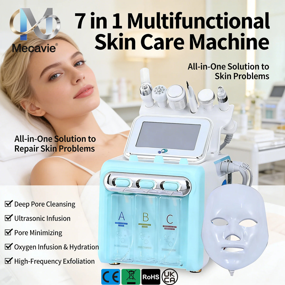 7 in 1 Professional Hydra Facial Machine Hydrogen Oxygen Skin Management Machine Ultrasonic Skin Scrubber Oxygen Injection Beauty Instrument With LED Mask