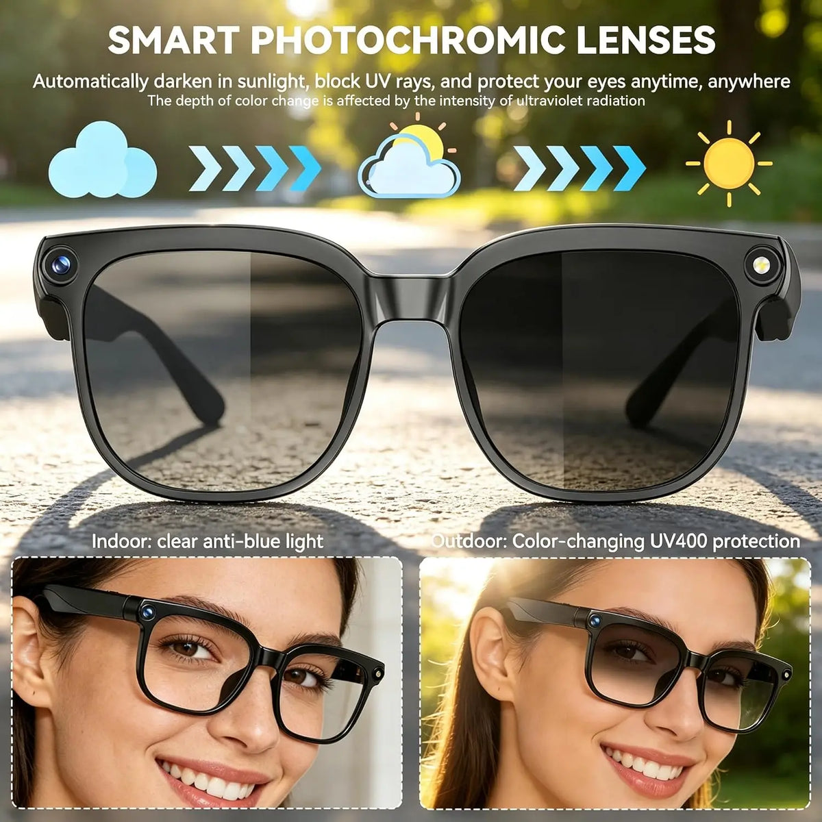 AI Smart Glasses With 8MP Camera 1080P Video Photochromic Lenses