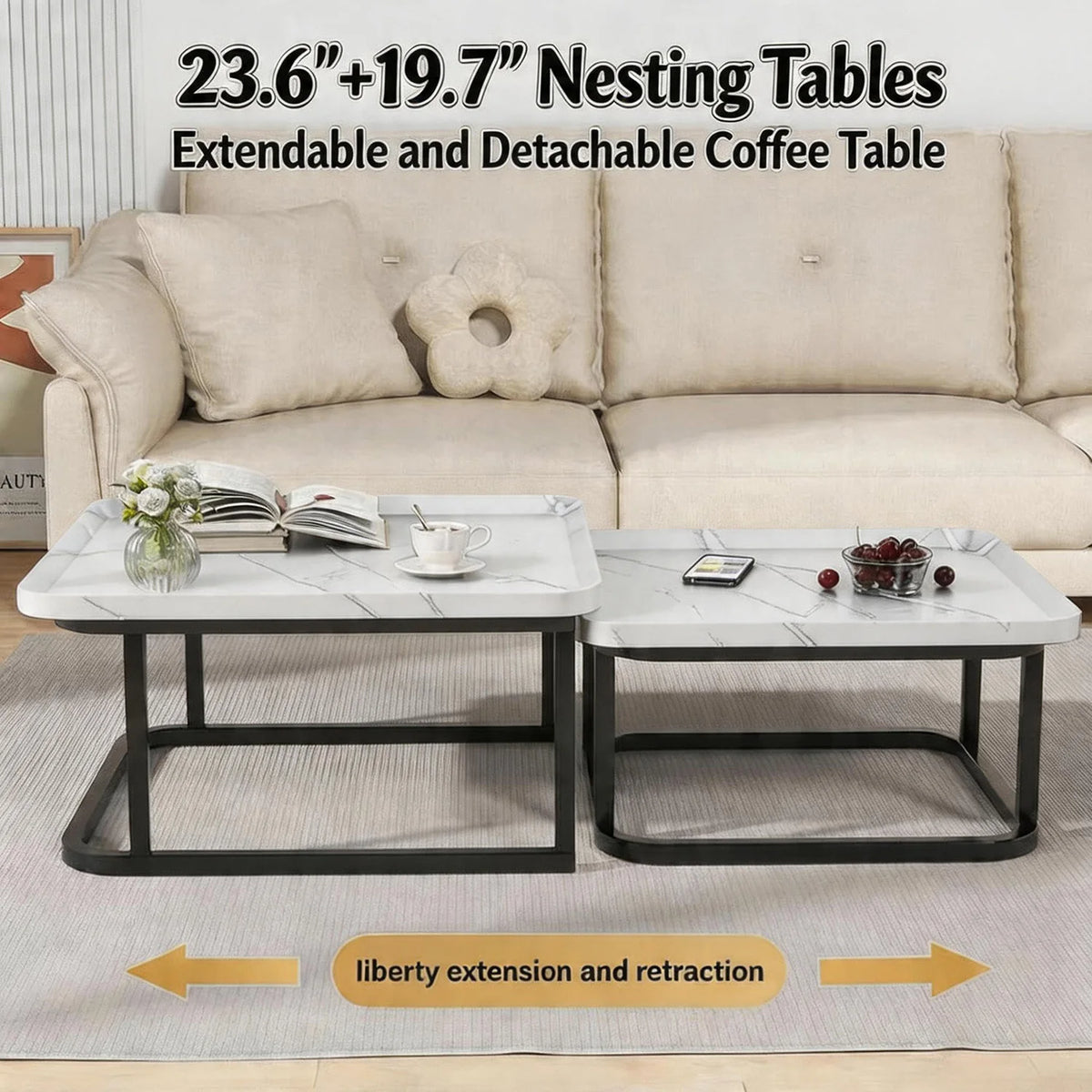 Square Nesting Coffee Tables Set of 2 Space Saving Fluted Side Tables