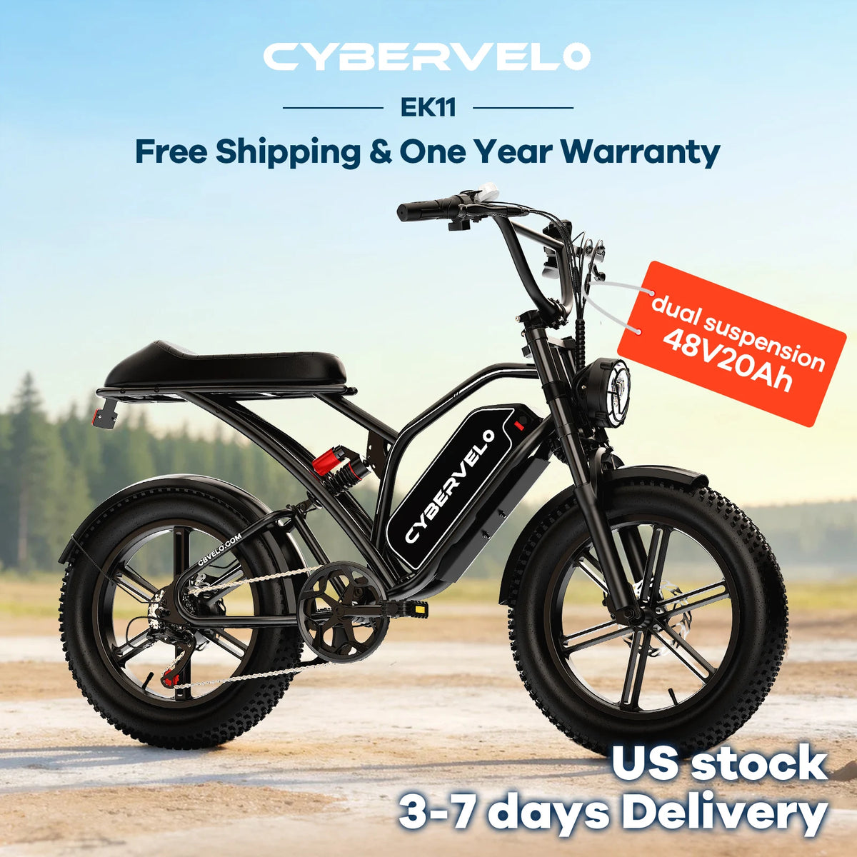 Cybervelo EK11 1000W Fat Tire Electric Dirt Bike 20" All-Terrain E-Bike 30MPH 48V 20AH/30AH Removable Battery