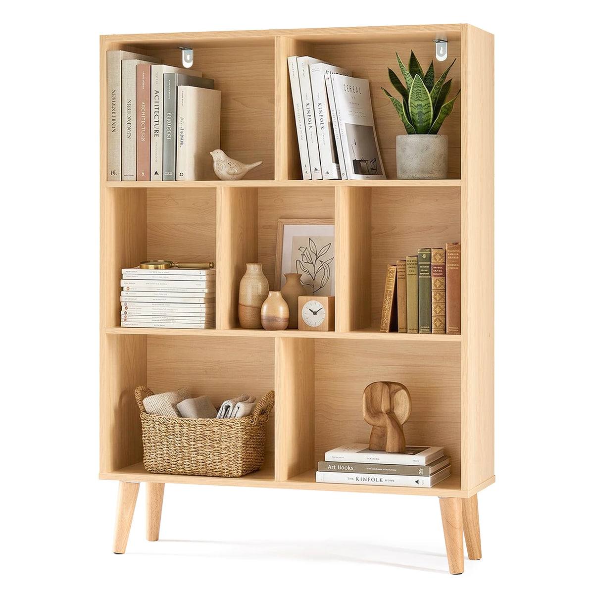 Three Tier Wooden Bookcase with Legs and Storage Display Shelves