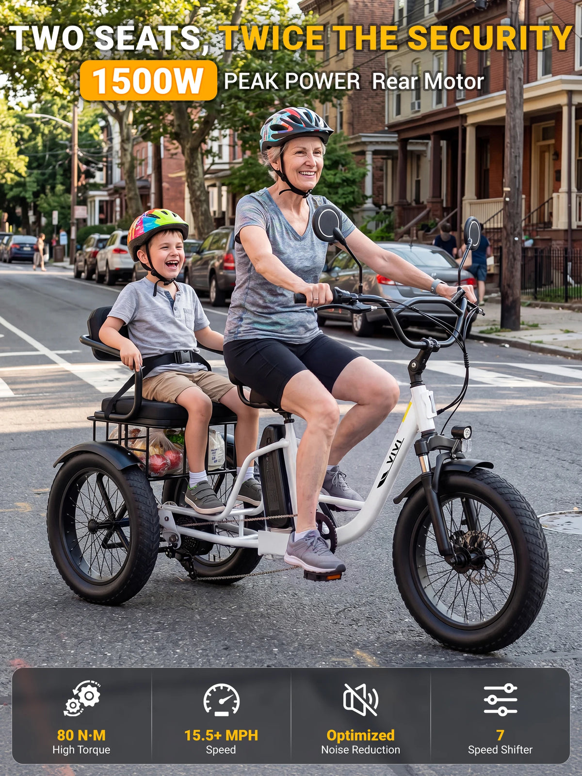 Vivi FAM01 Electric Tricycle for Adults with Basket & Seater, 750W Motor e Trike, 20''X4'' Fat Tire 3 Wheel E Bike, 48v 18AH Removable Battery, Rear Differential Bicycle, Up to 60+ Miles
