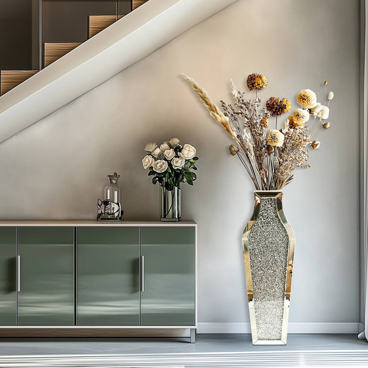 Tall Crushed Diamond Mirrored Floor Vase for Home Decor