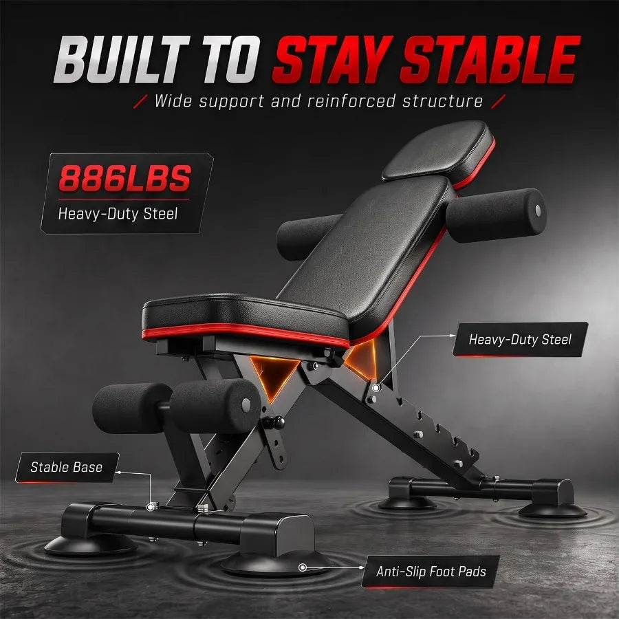 Adjustable Weight Bench with 8 Backrest Angles, 3-Position Leg Support, 2-Position Arm Support, 886 LBS Steel Frame, Foldable Design