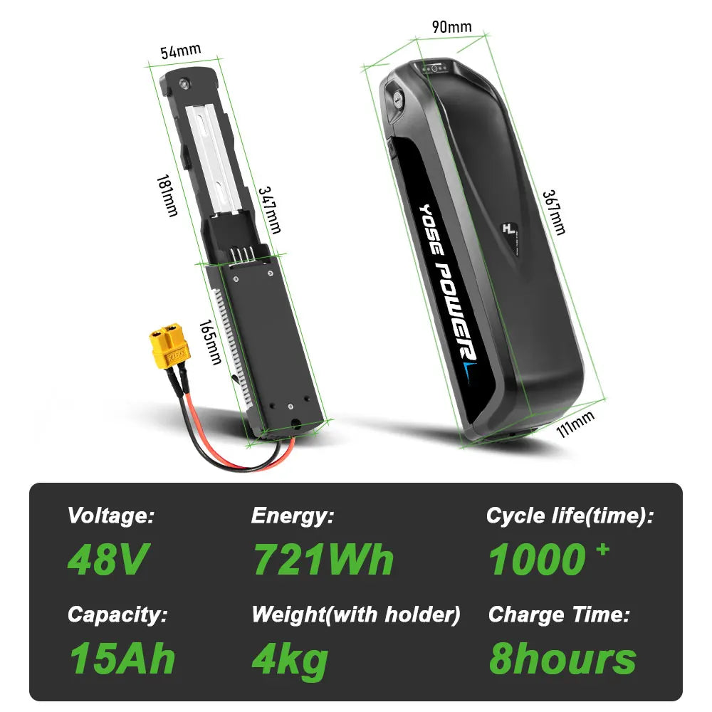 YOSE POWER 48V 15Ah Hailong Ebike Battery 4Prongs 48V Electric Bicycle Lithium Batteries for 500W 750W 1000W Electric Bike