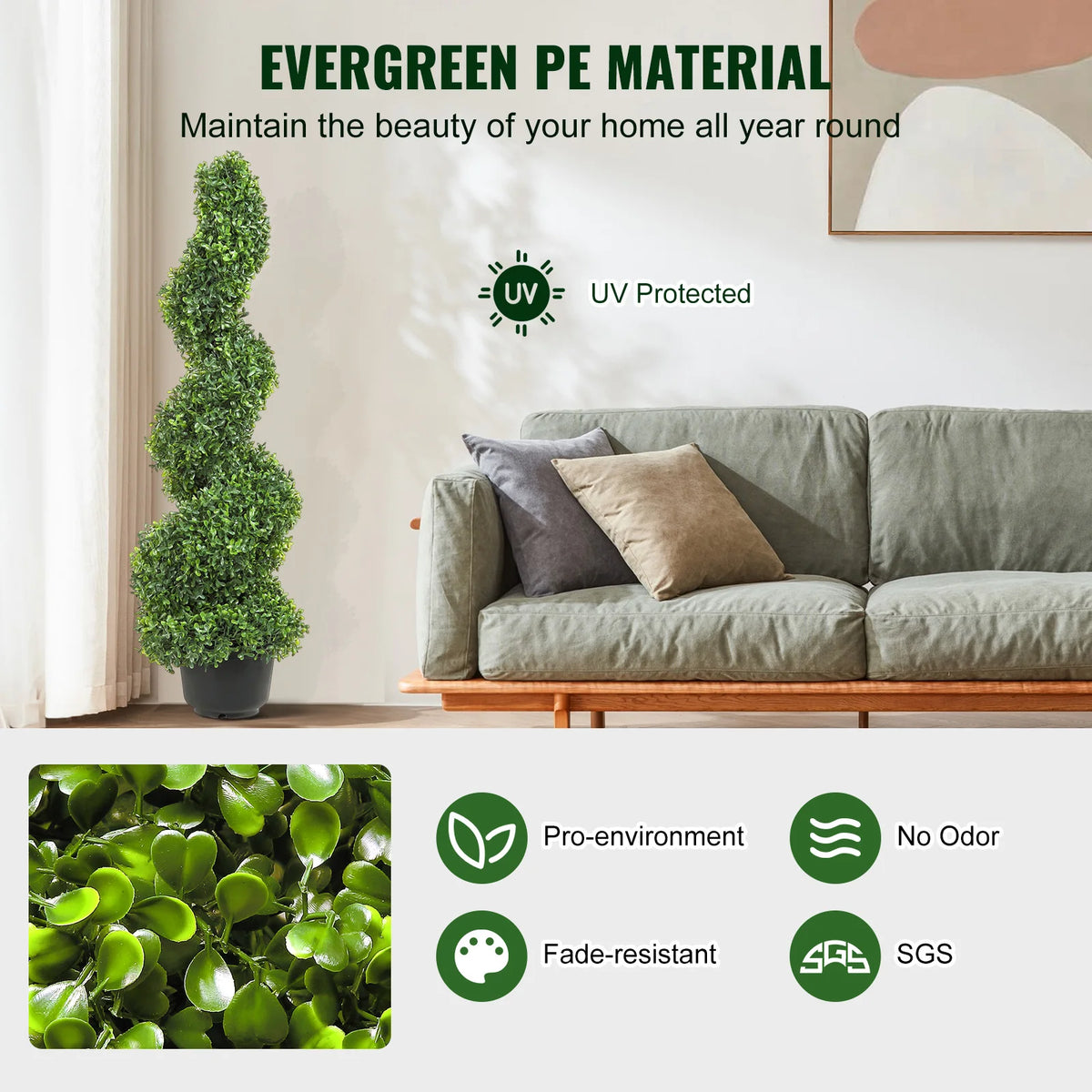 SucceBuy 1/2pcs Artificial Boxwood Tower Topiary Spiral Artificial Plant 24/36/48in high Decorative Plants Green Plastic PE Tree