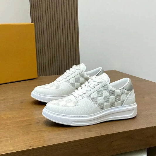 Mens Grey White Checkerboard Grain Leather Low Top Skate Sneakers