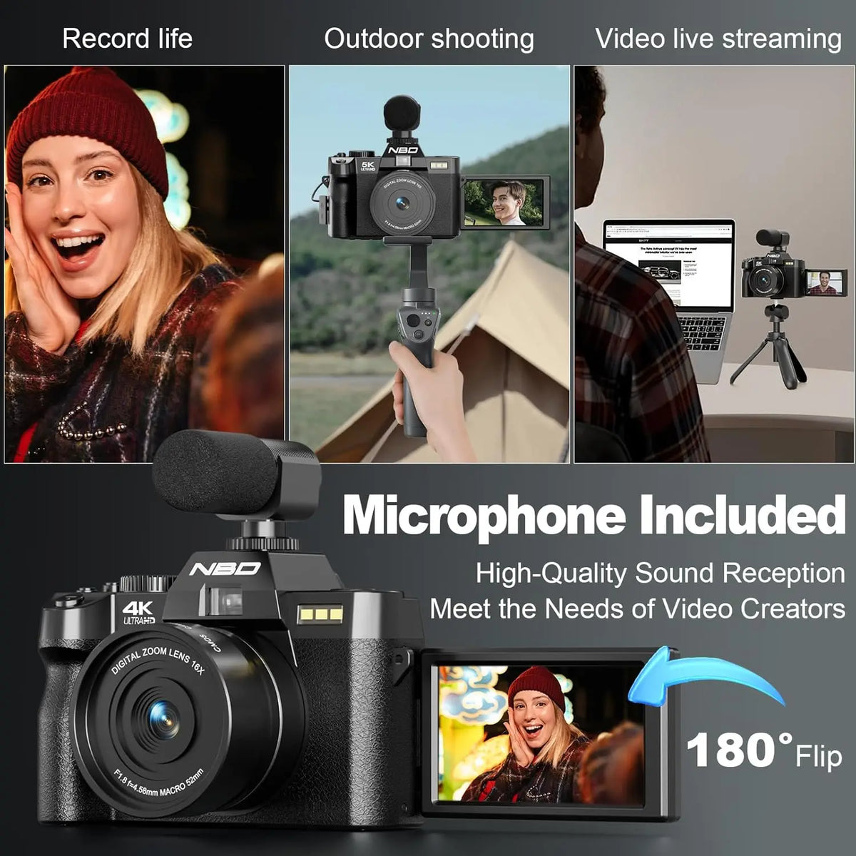 48MP 4K Vlogging Camera with 16X Zoom Flip Screen and Macro Lens