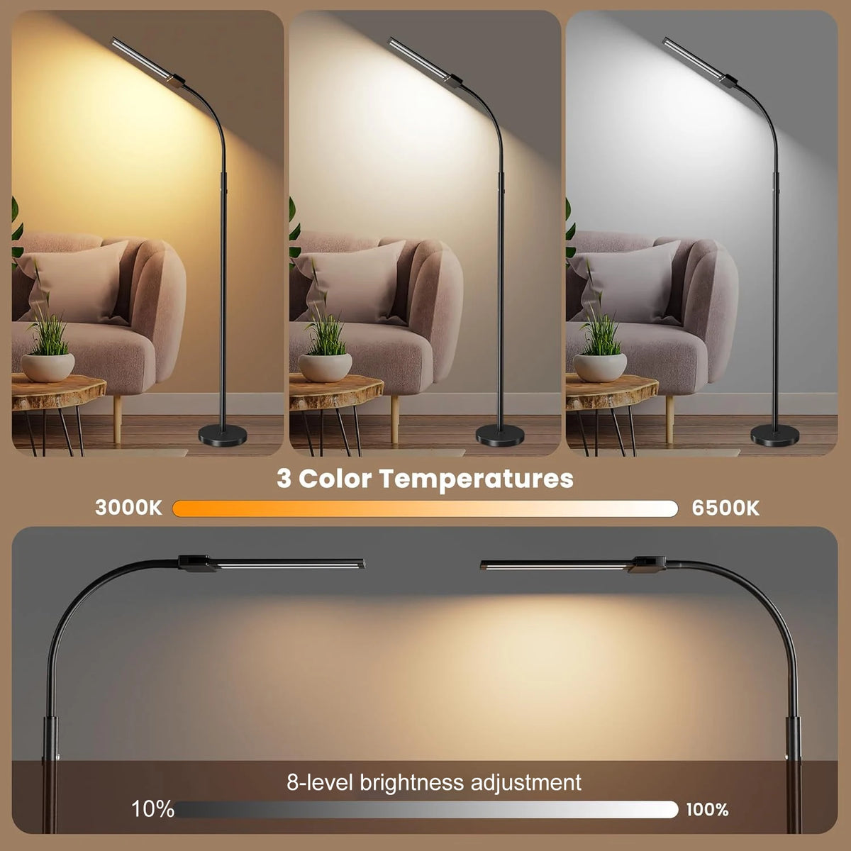 LED Floor Lamp With USB Flexible Gooseneck 3 Color Modes 8 Brightness Levels