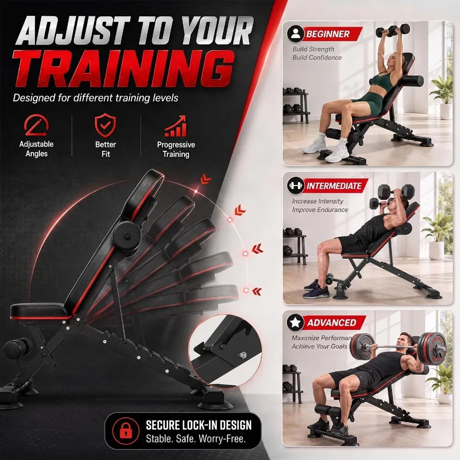 Adjustable Weight Bench with 8 Backrest Angles, 3-Position Leg Support, 2-Position Arm Support, 886 LBS Steel Frame, Foldable Design