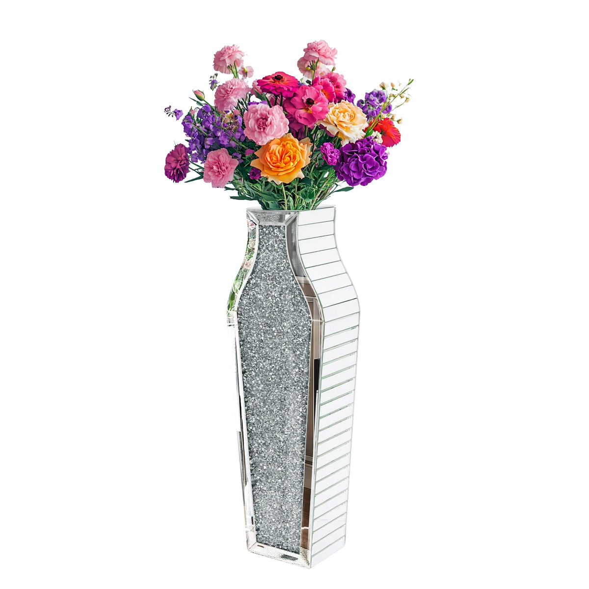 Tall Crushed Diamond Mirrored Floor Vase for Home Decor