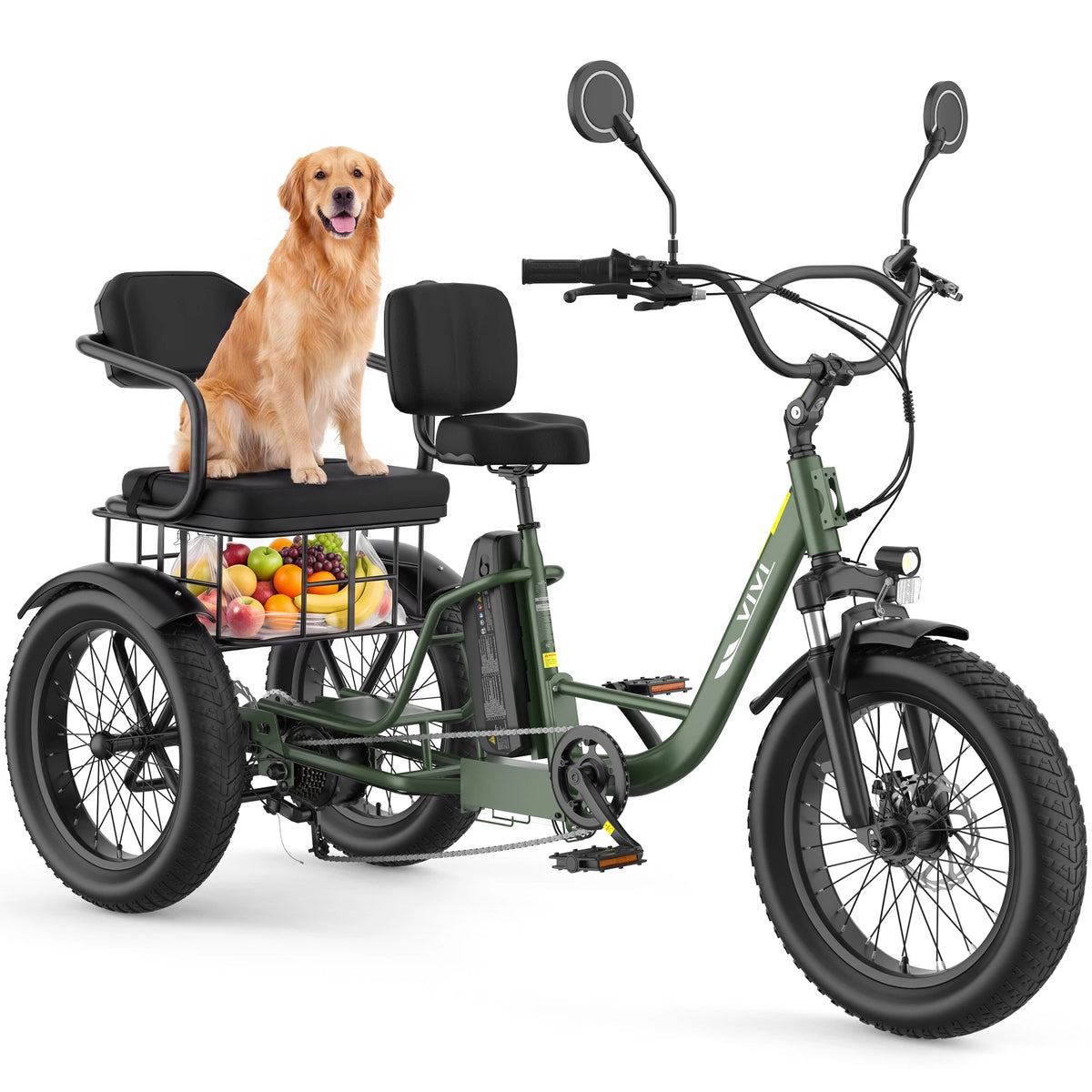 Vivi FAM01 Electric Tricycle for Adults with Basket & Seater, 750W Motor e Trike, 20''X4'' Fat Tire 3 Wheel E Bike, 48v 18AH Removable Battery, Rear Differential Bicycle, Up to 60+ Miles