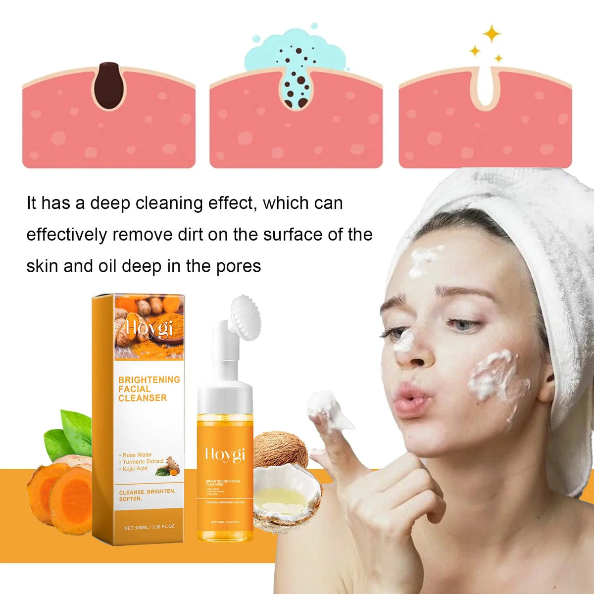 2-in-1 Turmeric Brightening Cleanser,Built in Silicone Brush Head,Synergistic Brightening Formula,Amino Acid Based Gentle Cleansing,Rose Water Hydration&Calming,Deep Nourishing, Cleansing&Hydrating All in One,Instant Foaming
