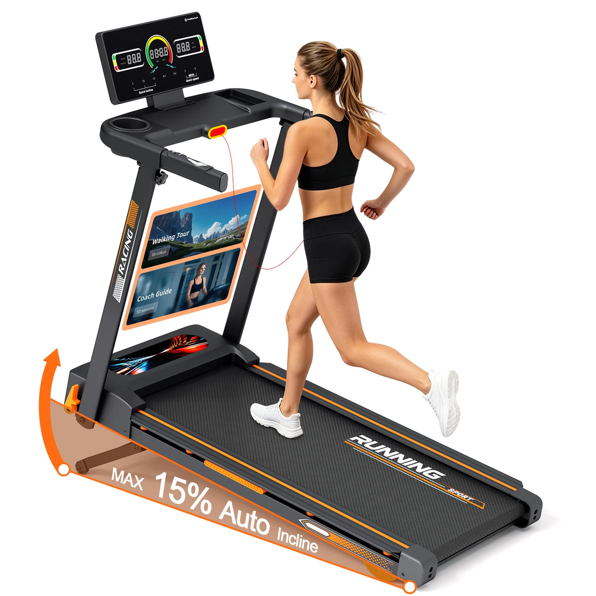 Folding Treadmill with 15 Level Auto Incline and Quiet Motor