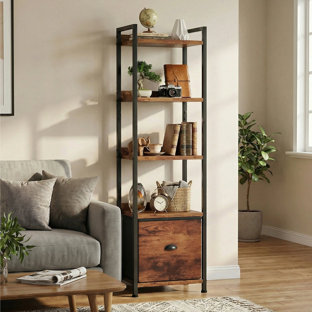 5 Tier Metal Bookshelf With Fabric Drawer Tall Freestanding Storage Shelf