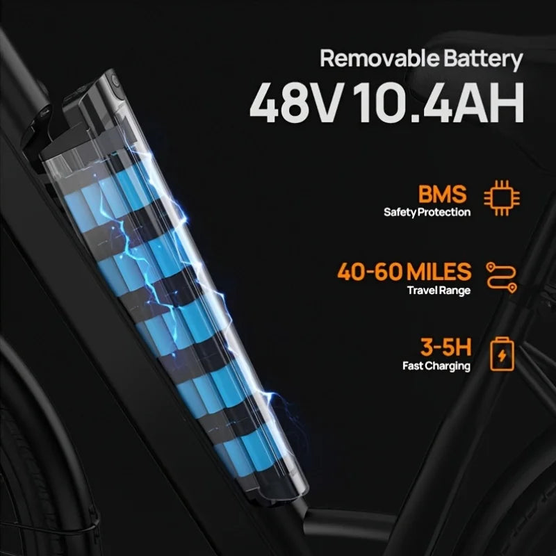 URLIFE E26 E-Bike 26x2 Inch Tires 48V 10.4Ah Removable Battery LCD Display 7-Speed Hydraulic Disc Brake Adult City Electric Bicycle
