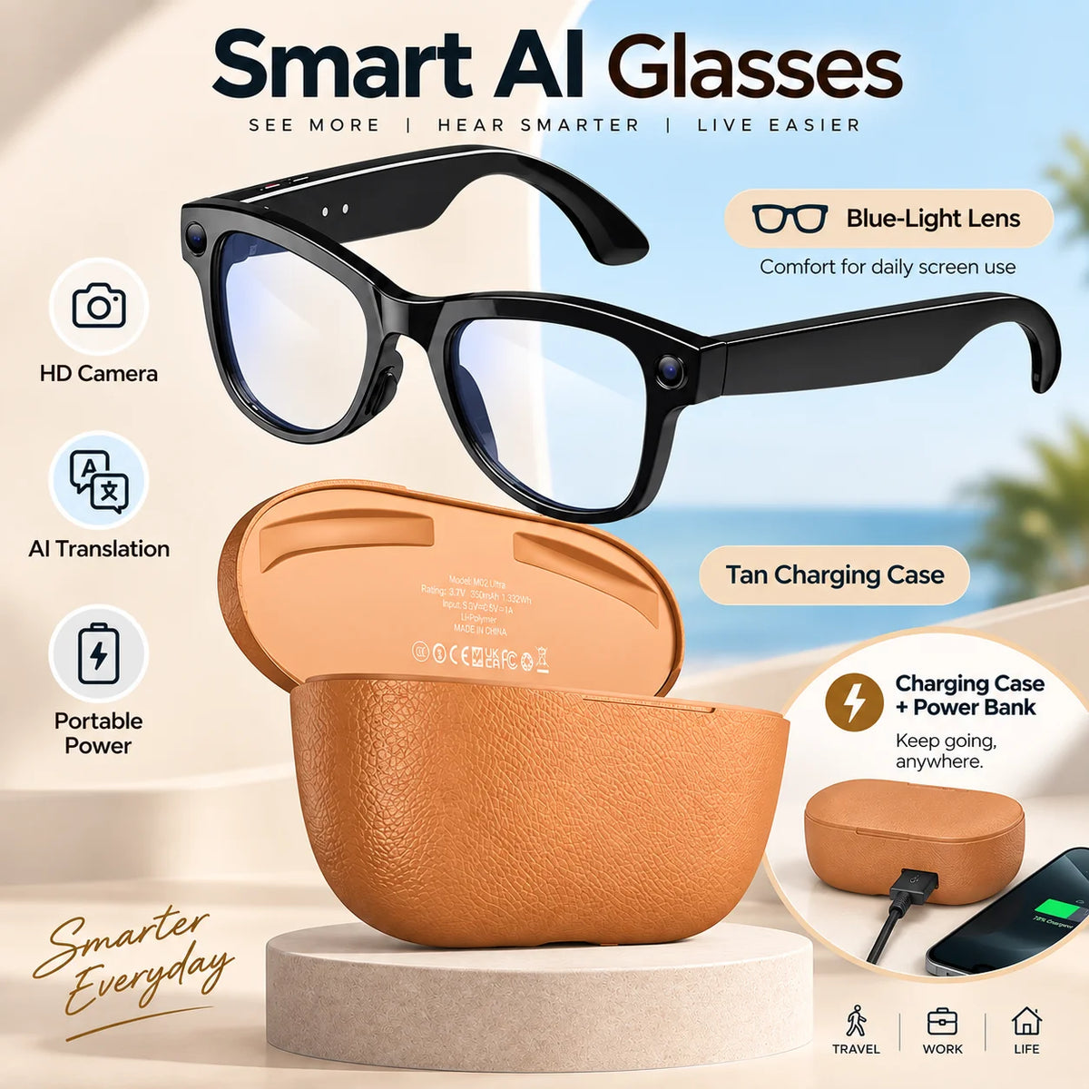 2026 Smart AI Glasses 1080P Camera 32GB Bluetooth Translation Charging Case