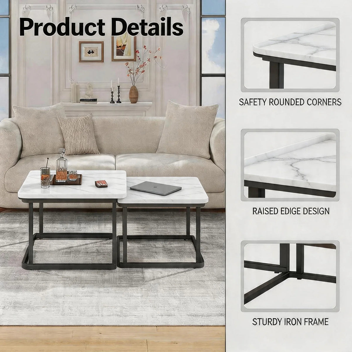 Space Saving Fluted Square Nesting Coffee Tables Set of 2 for Living Room