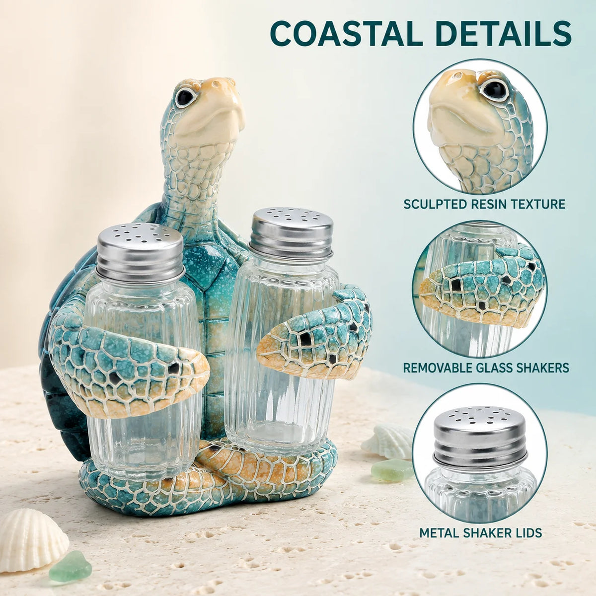 Resin Sea Turtle Salt And Pepper Shaker Holder With Glass Shakers Coastal Decor