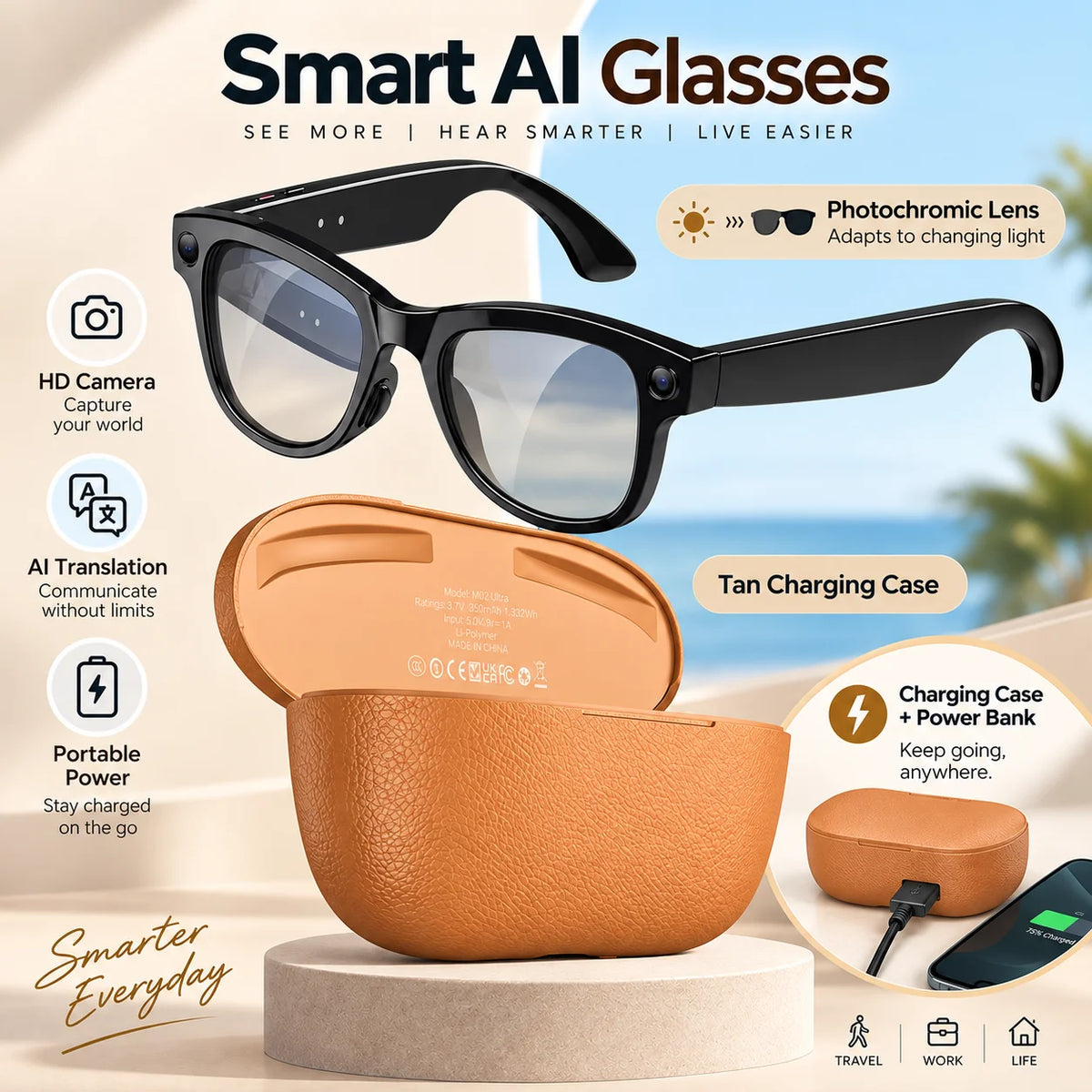 2026 Smart AI Glasses 1080P Camera 32GB Bluetooth Translation Charging Case